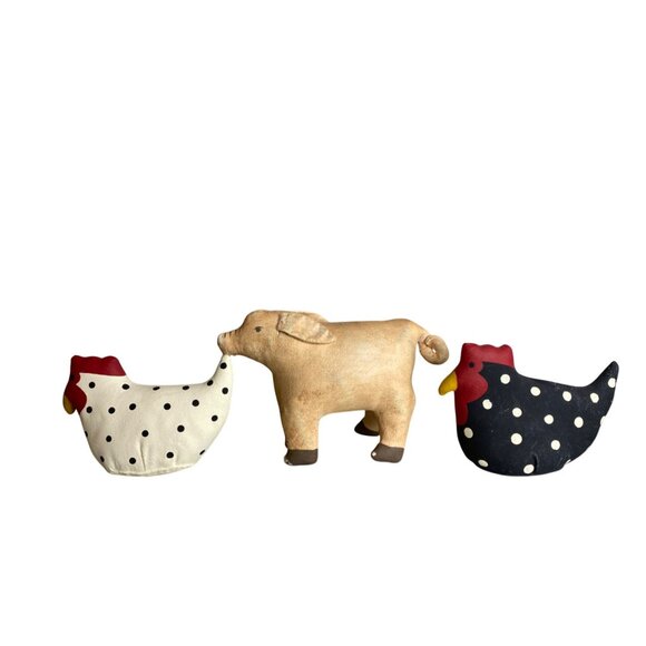 Handcrafted Primitive Rustic Farmhouse Stuffed Canvas Polka Dot Chickens & Pig F - Picture 4 of 4